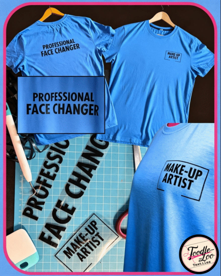 Professional Face Changer — Make-up artist / wigs, finished blue T-shirt made and shot in our workspace on the cutting mat