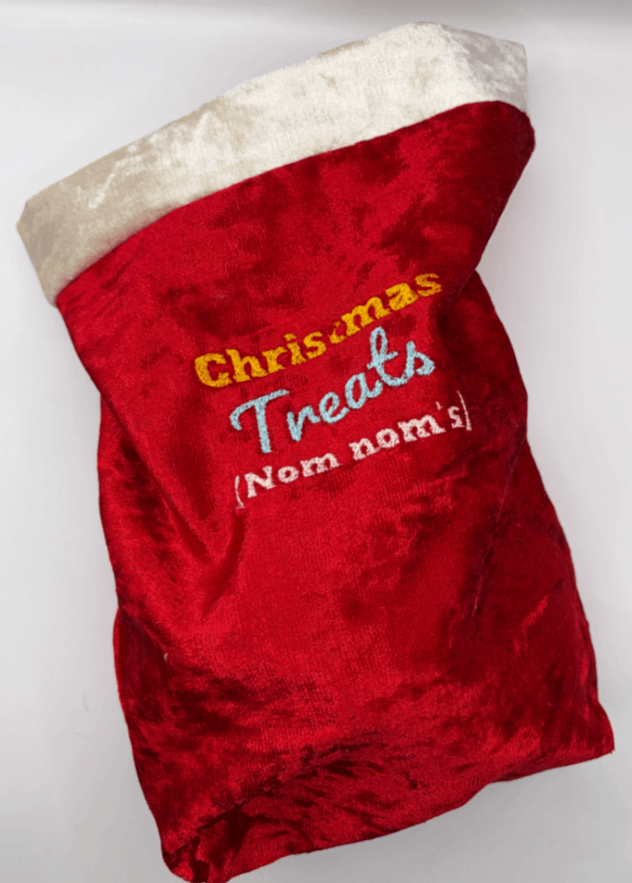 Red velvet Fur Baby Santa Sack personalised with Christmas Treats and a name