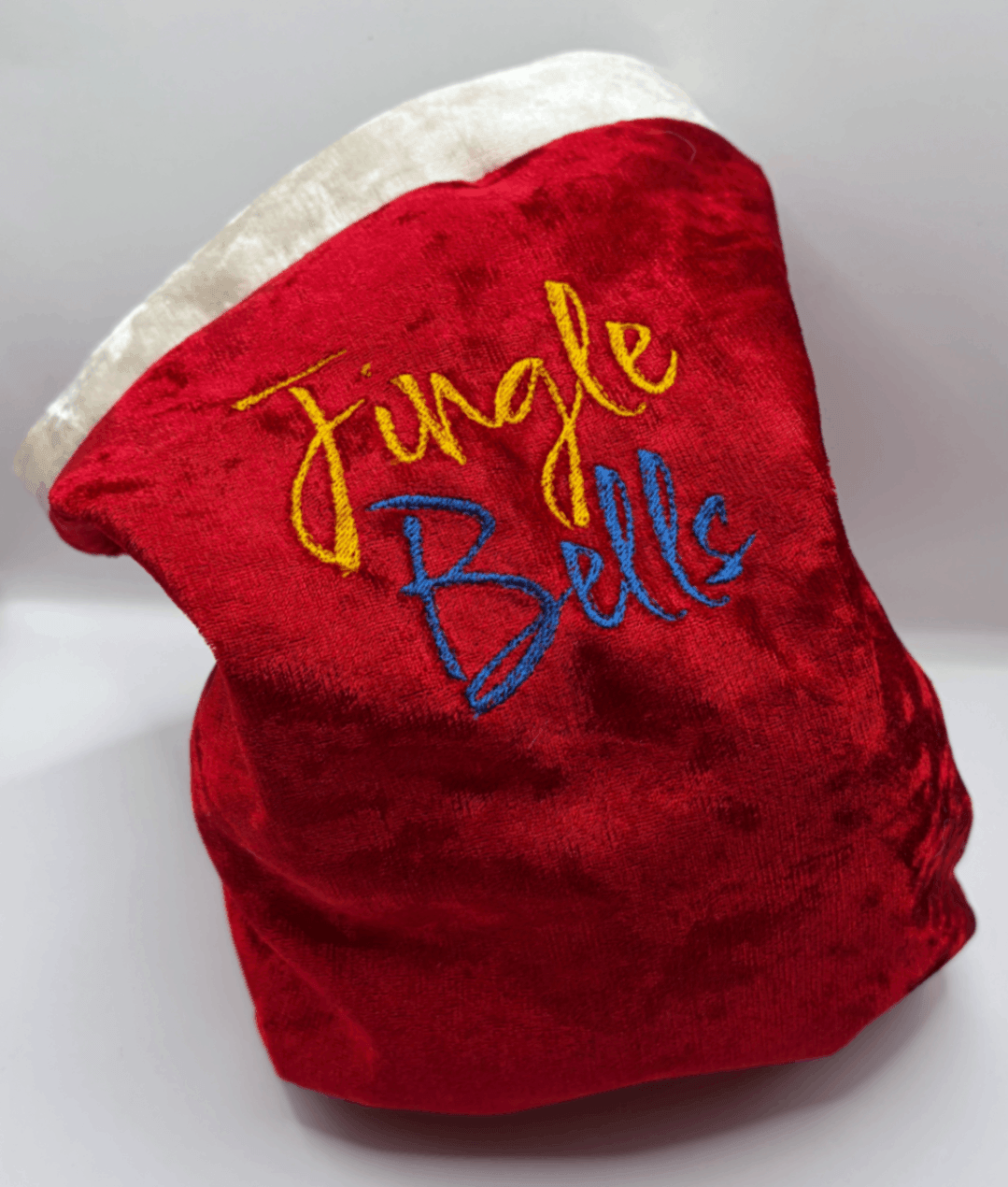 Red velvet Fur Baby Santa Sack with personalised Jingle Bells design