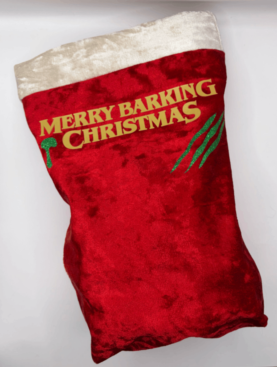 Red velvet Fur Baby Santa Sack with Merry Barking Christmas design