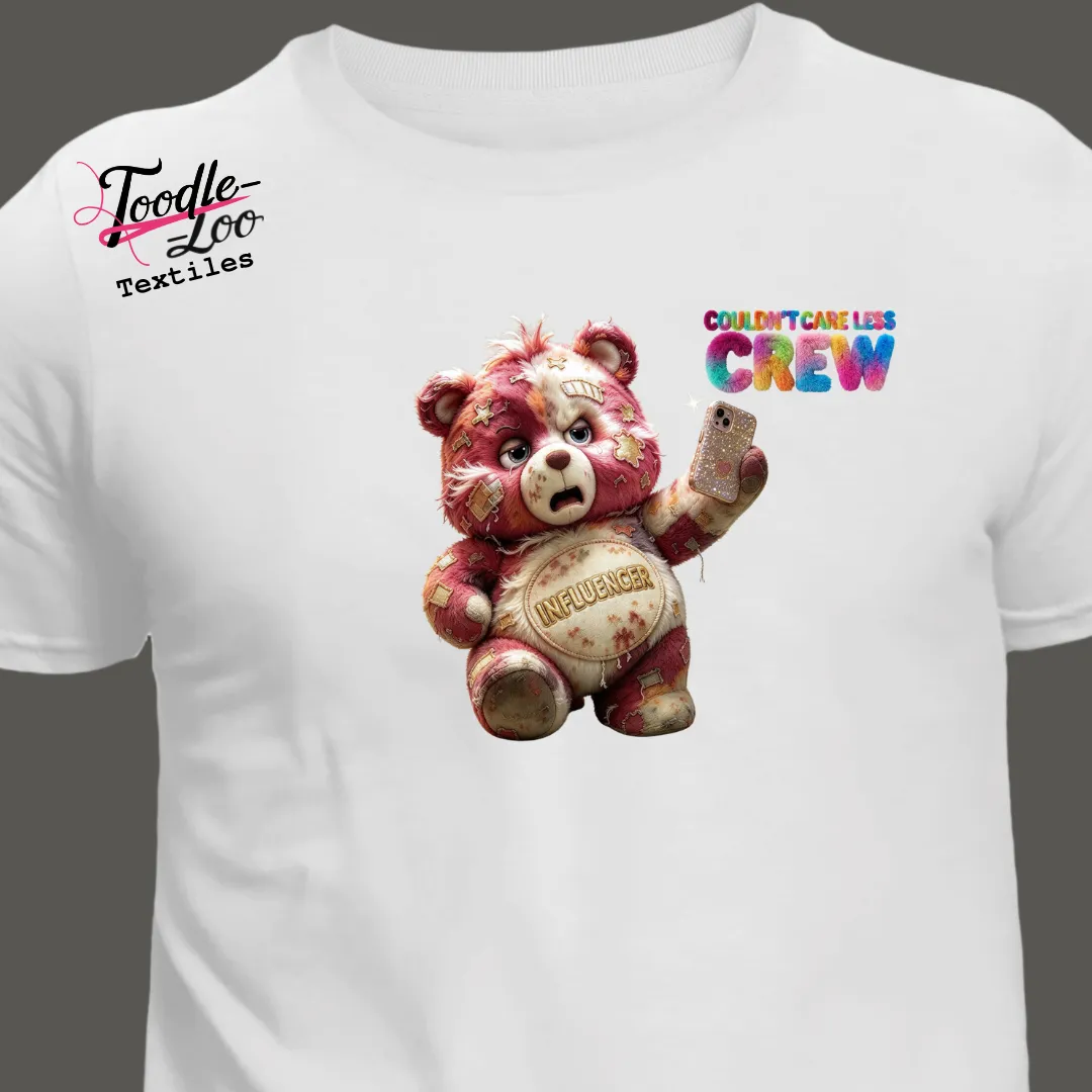 Influencer bear design on a white tee — Couldn’t Care Less Crew DTF print, shown as an AI mock-up