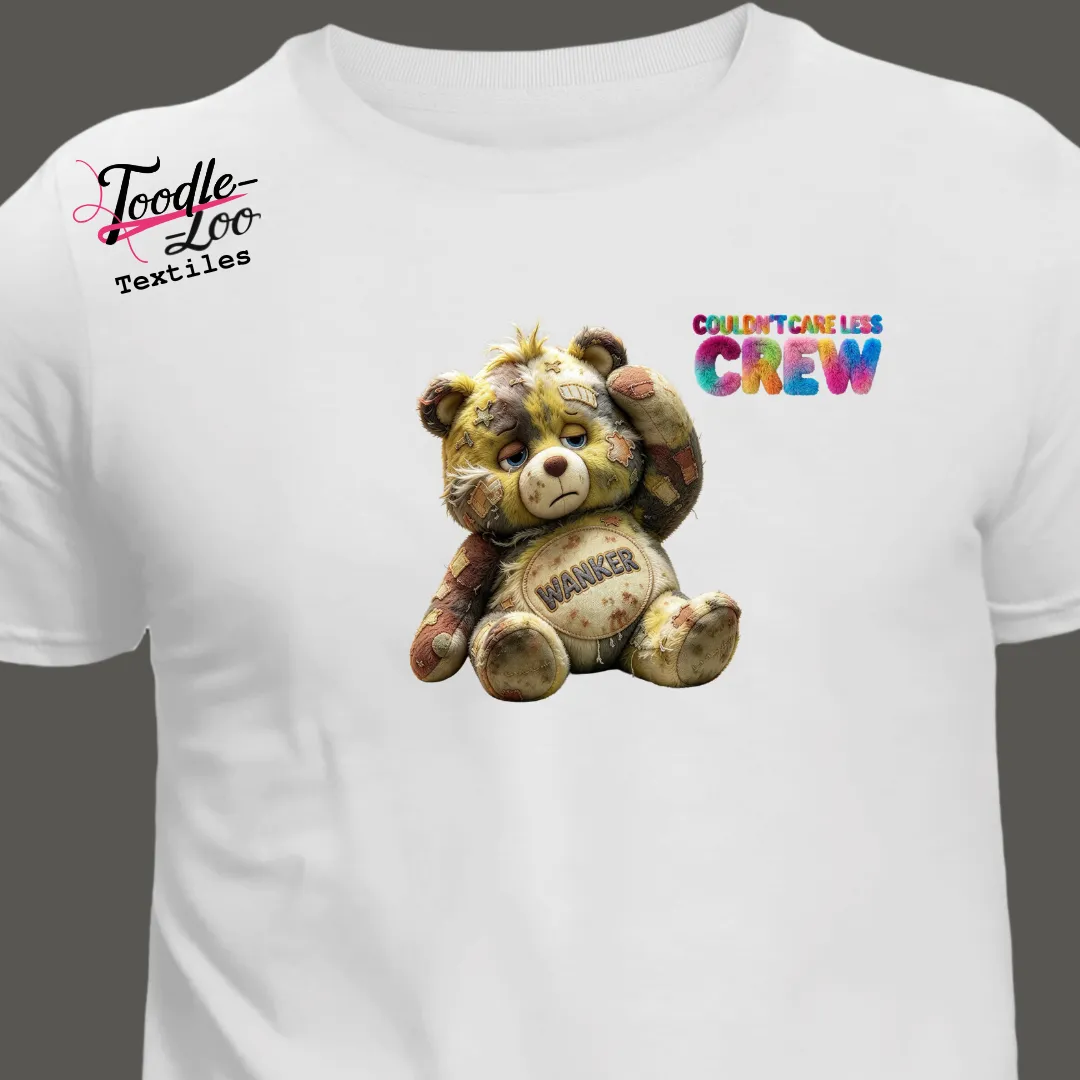 Wanker bear design on a white tee — Couldn’t Care Less Crew DTF print, shown as an AI mock-up