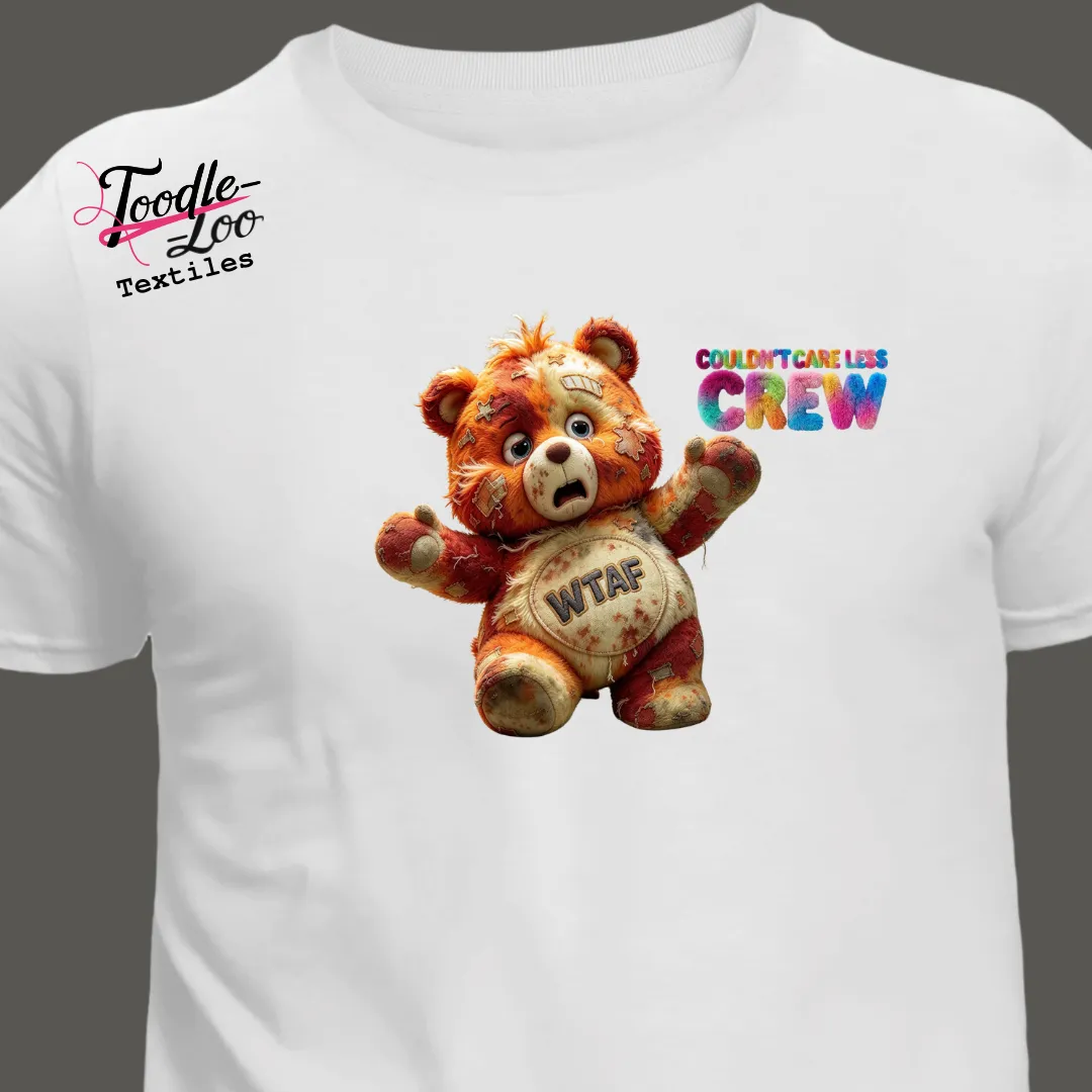 WTAF bear design on a white tee — Couldn’t Care Less Crew DTF print, shown as an AI mock-up