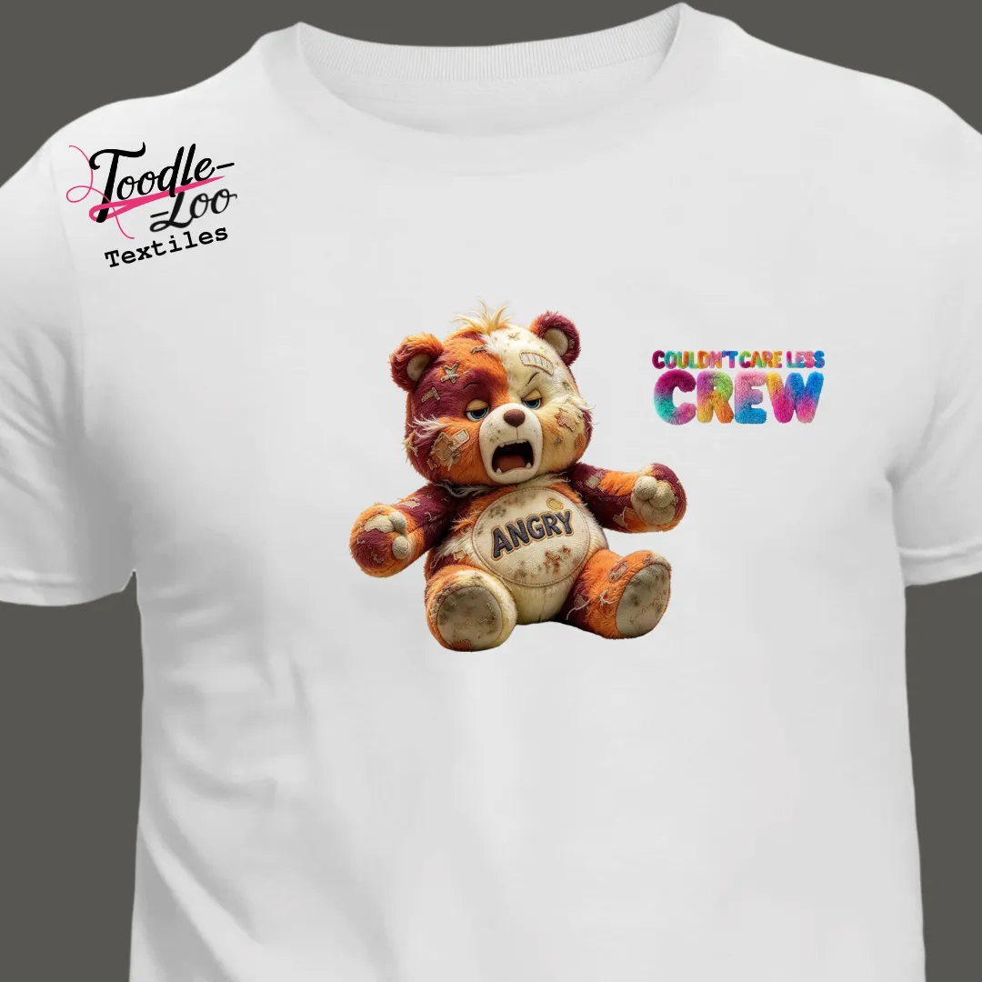 Angry bear design on a white tee — Couldn’t Care Less Crew DTF print, shown as an AI mock-up
