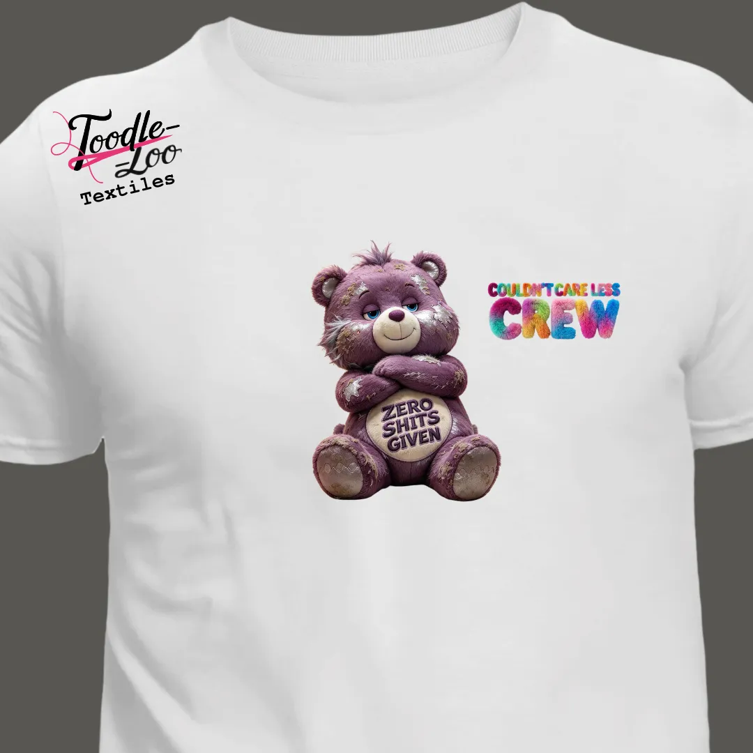 Zero Shits Given bear design on a white tee — Couldn’t Care Less Crew DTF print, shown as an AI mock-up