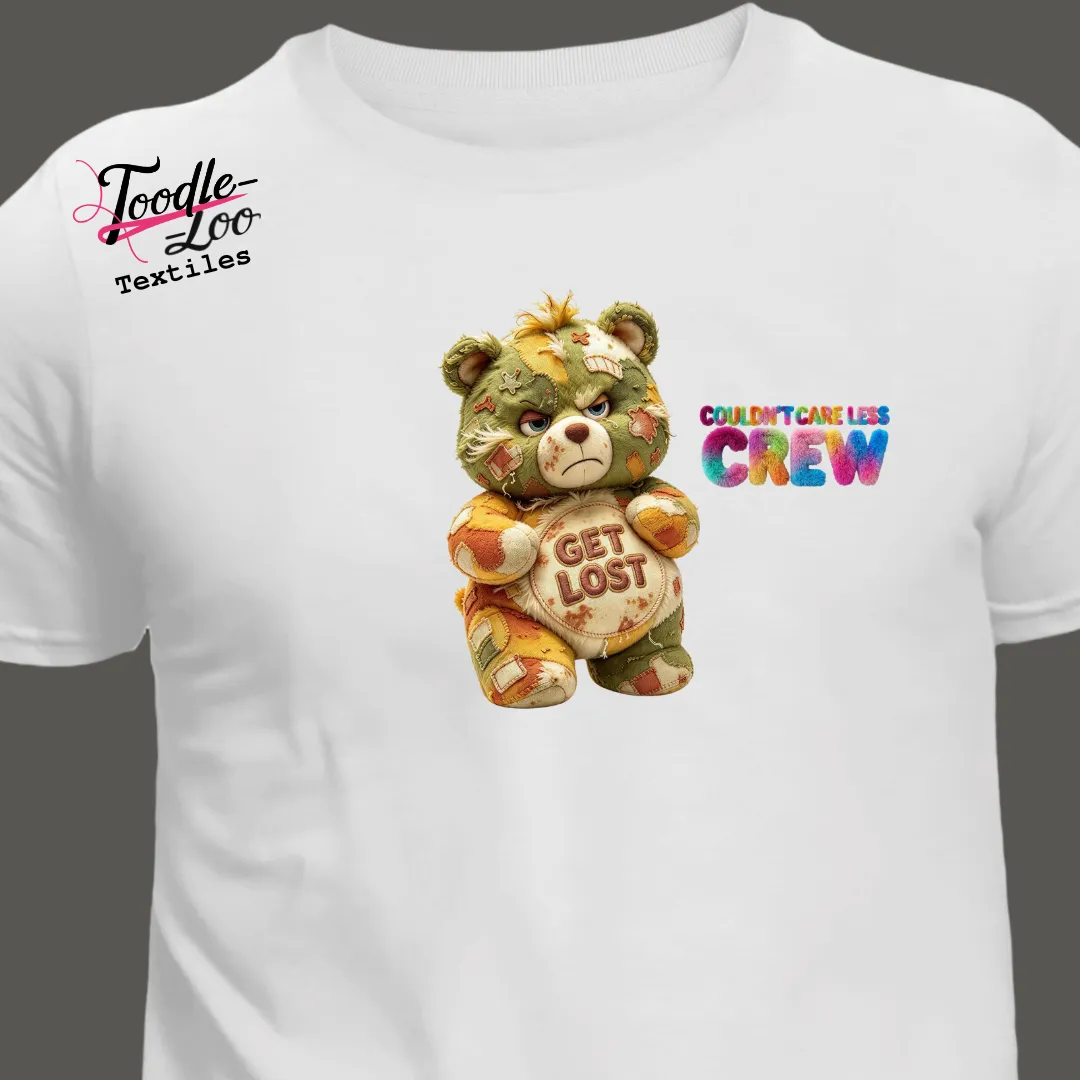 Get Lost bear design on a white tee — Couldn’t Care Less Crew DTF print, shown as an AI mock-up