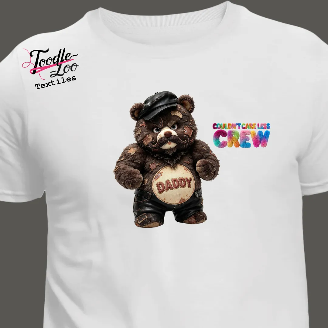 Daddy bear design on a white tee — Couldn’t Care Less Crew DTF print, shown as an AI mock-up