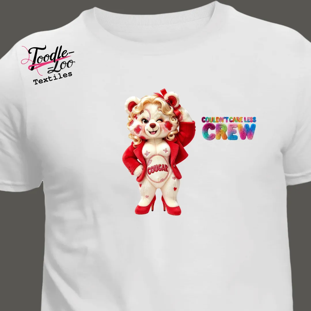 Cougar bear design on a white tee — Couldn’t Care Less Crew DTF print, shown as an AI mock-up