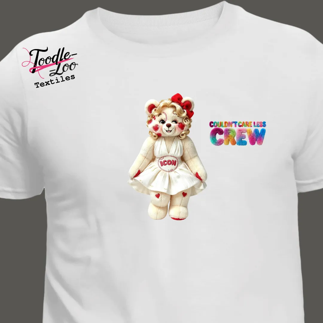 Icon bear design on a white tee — Couldn’t Care Less Crew DTF print, shown as an AI mock-up