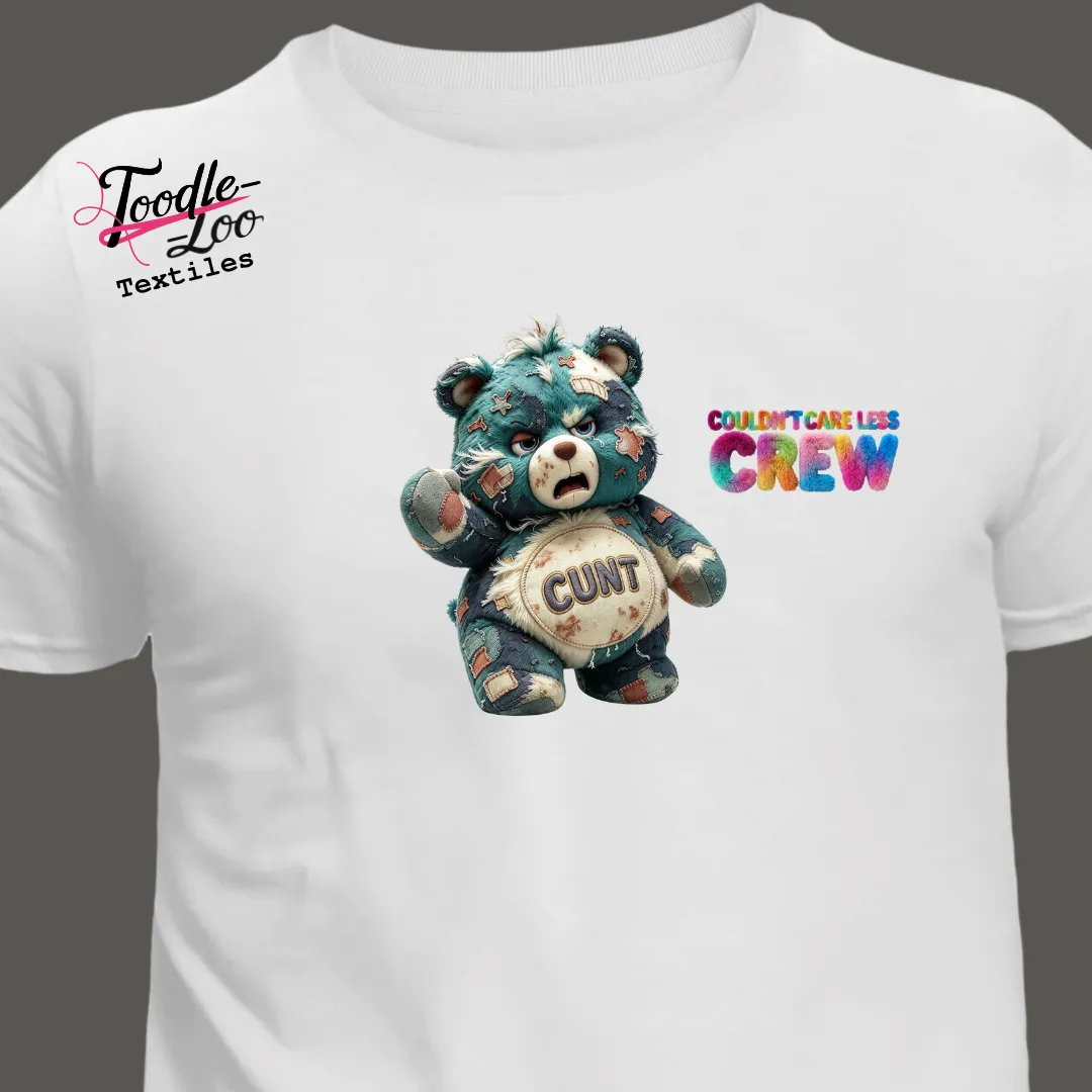 Cunt v2 bear design on a white tee — Couldn’t Care Less Crew DTF print, shown as an AI mock-up
