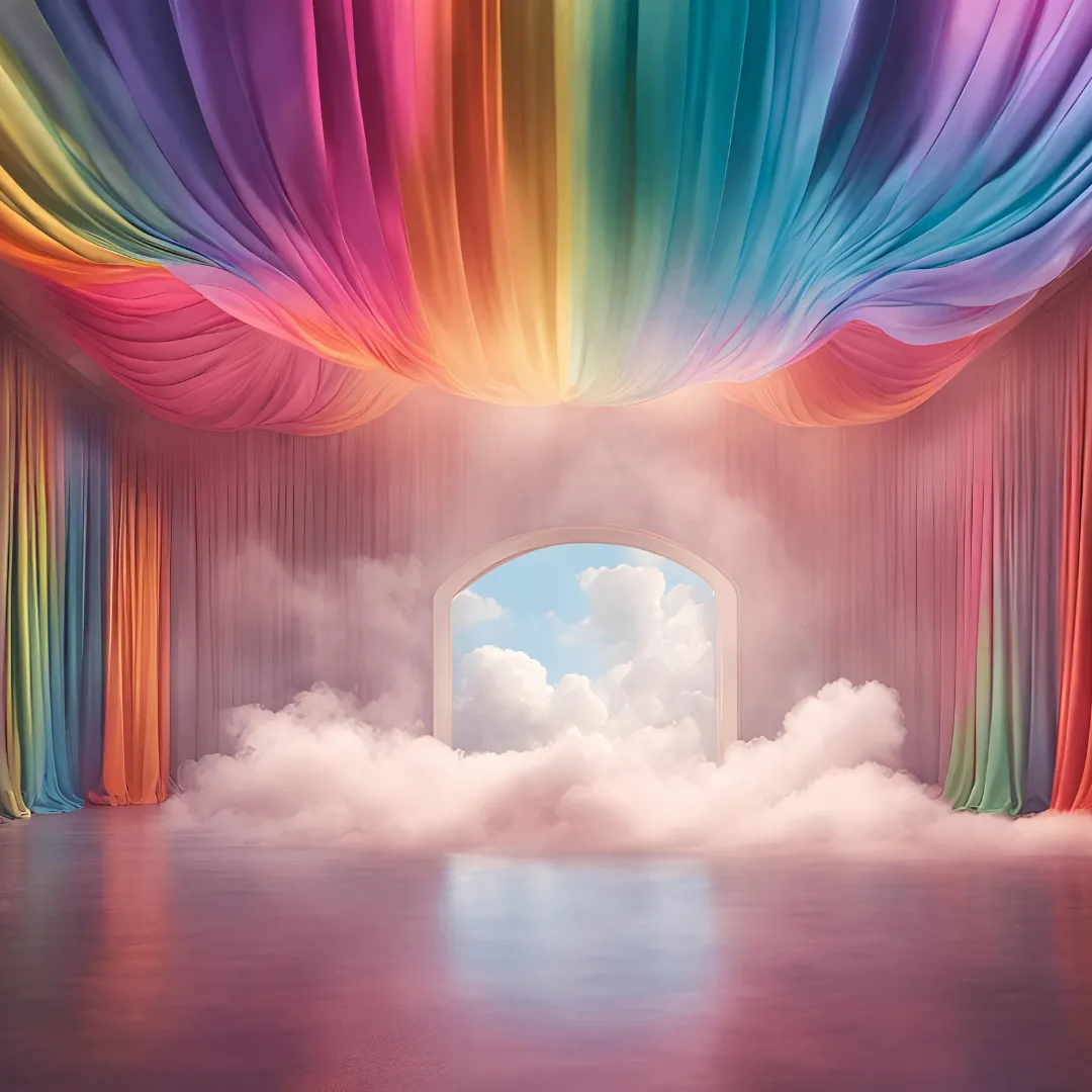 Rainbow fabric curtains sweep over pink clouds around an arched doorway opening onto a blue sky, shown as AI-generated artwork