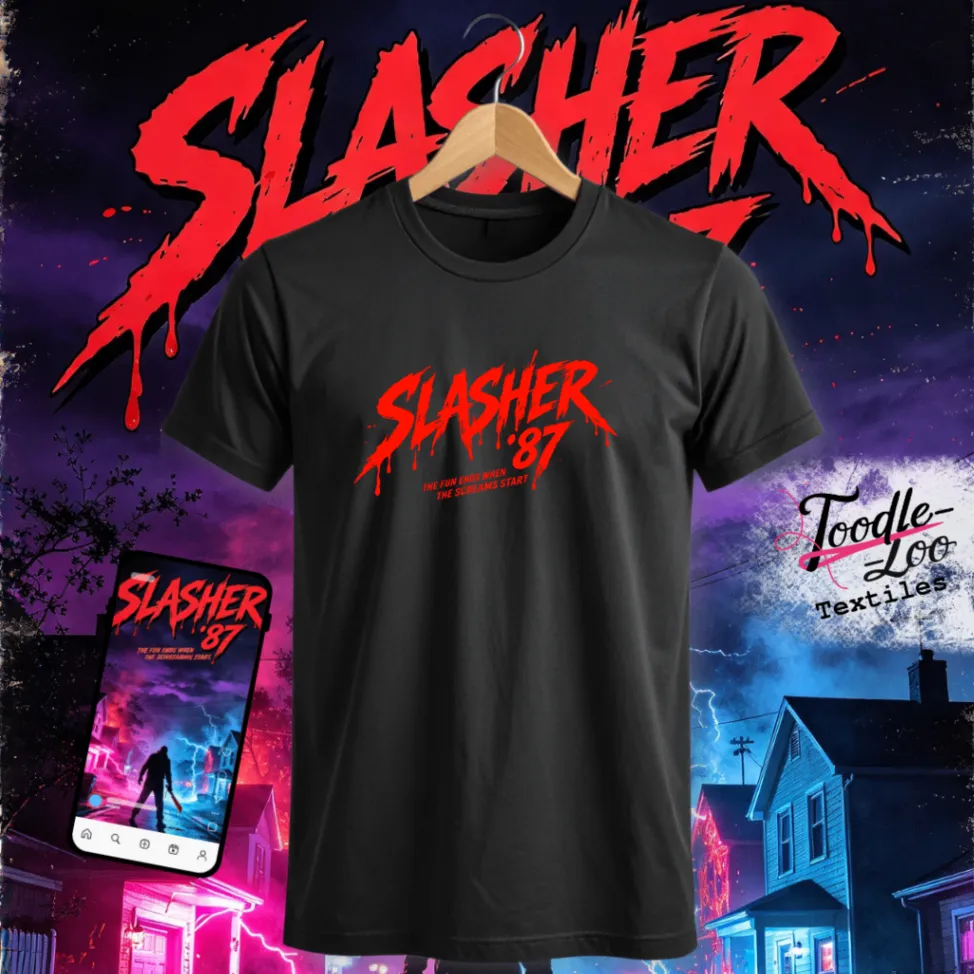 Slasher '87 — black tee with red vinyl artwork, shown as a design mock-up