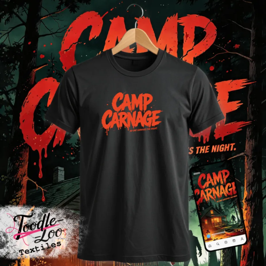 Camp Carnage — black tee with orange vinyl artwork, shown as a design mock-up