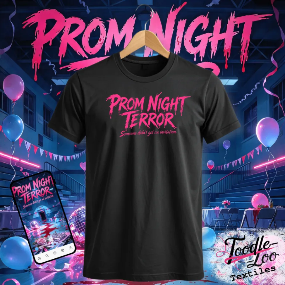 Prom Night Terror — black tee with pink vinyl artwork, shown as a design mock-up