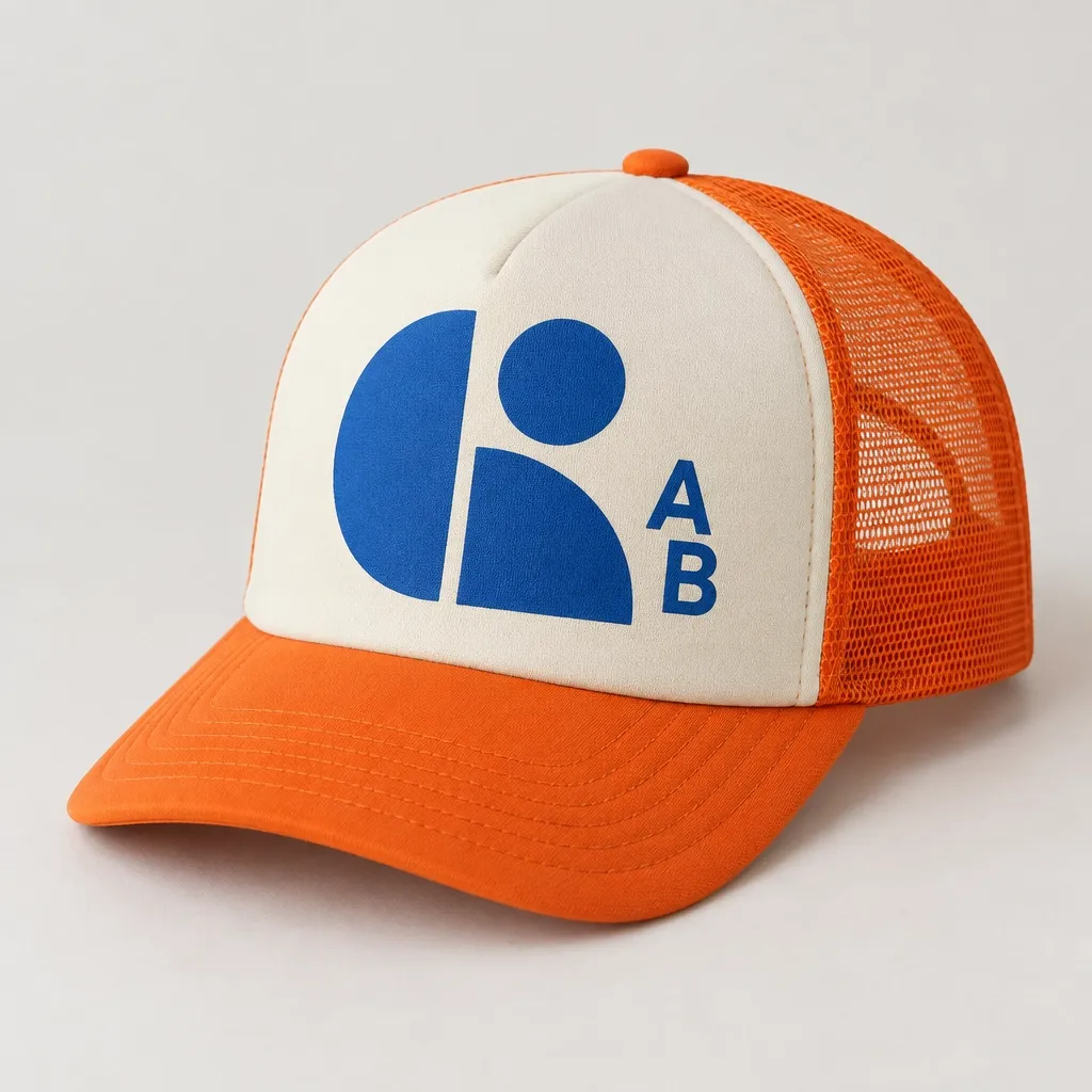 Orange trucker cap with an abstract blue geometric print