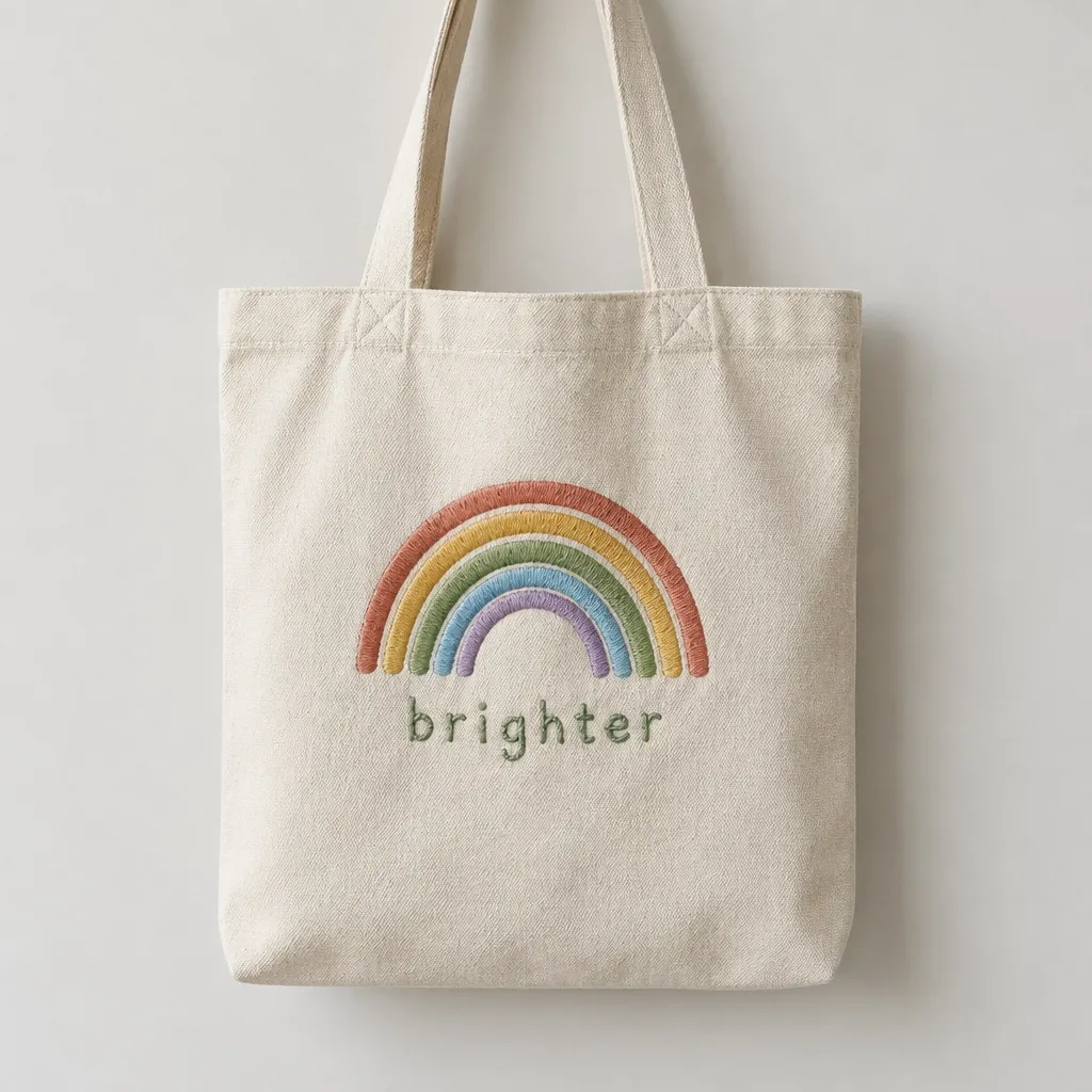 Canvas tote bag with a colourful rainbow graphic and the word brighter