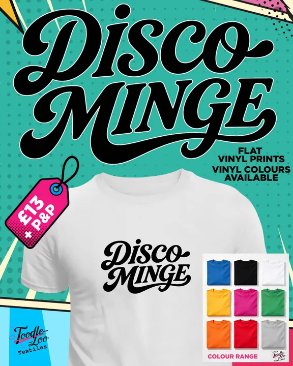Disco Minge — white tee with black vinyl lettering, shown as a design mock-up