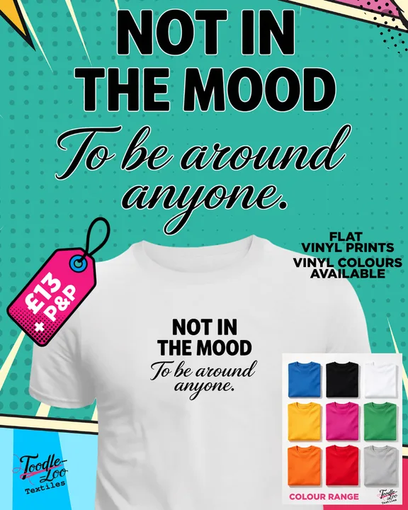 Not in the Mood — white tee with black vinyl lettering, shown as a design mock-up