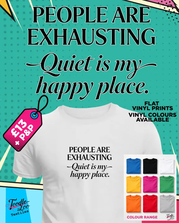 People Are Exhausting — white tee with black vinyl lettering, shown as a design mock-up
