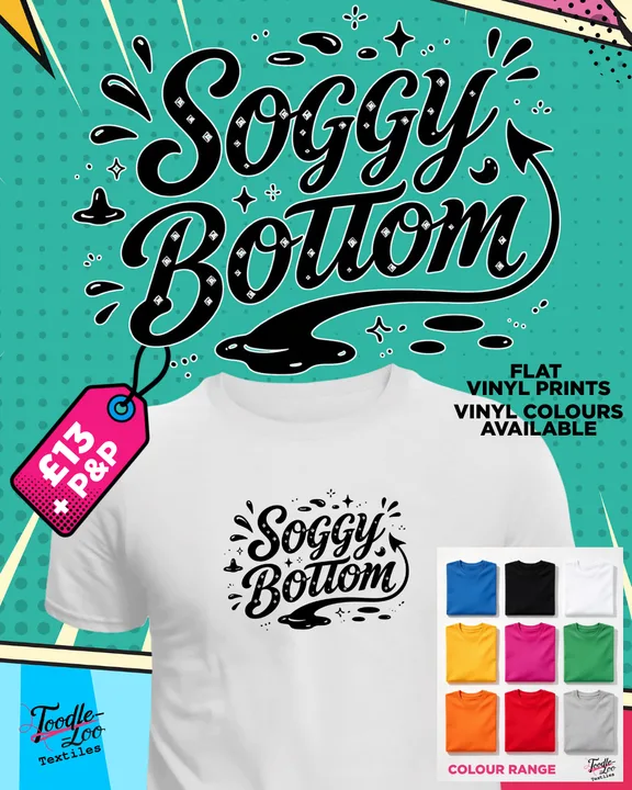 Soggy Bottom — white tee with black vinyl lettering, shown as a design mock-up